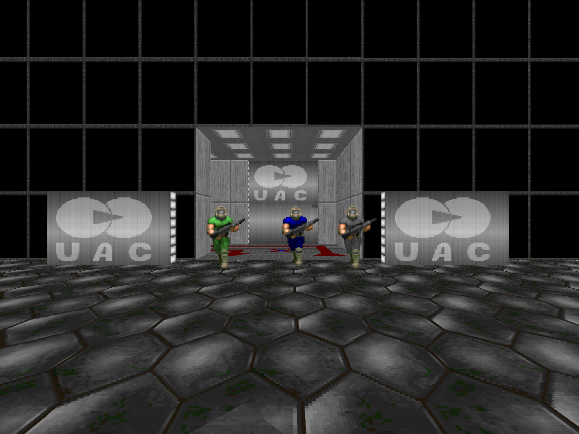 Three marines standing at the UAC spawn entrance in Battle Arena.