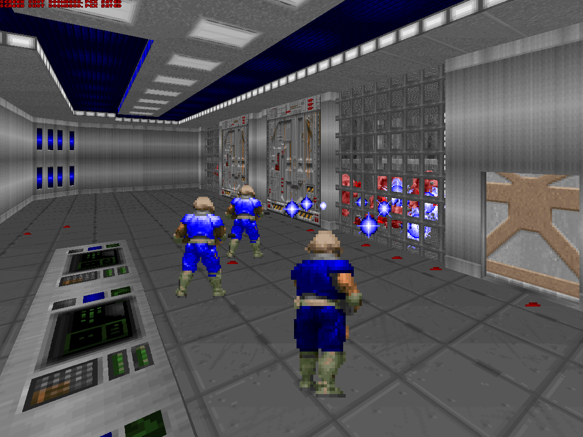 Blue-armored marines firing into the BRIG full of demons.