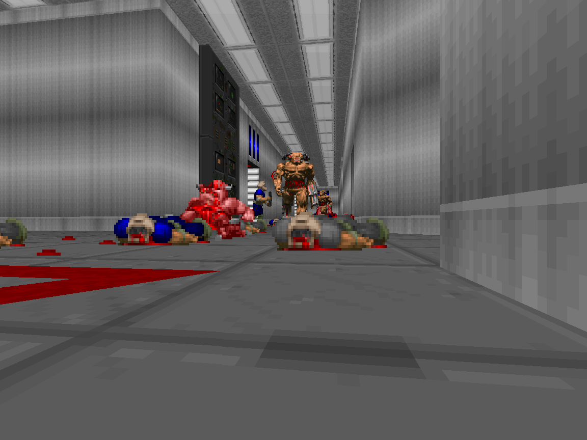 Demon chasing marines through the main corridor filled with bodies.
